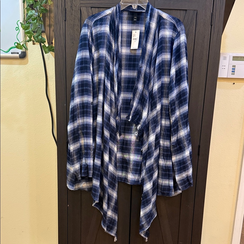 Lane Bryant Navy and White Plaid Wrap Cardigan